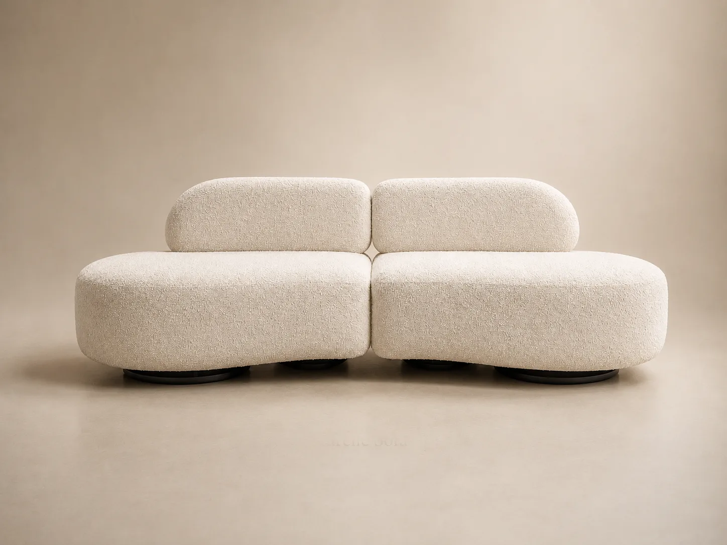 The Aurelle modular sofa — two curved ivory bouclé volumes on a low stained-beech base.