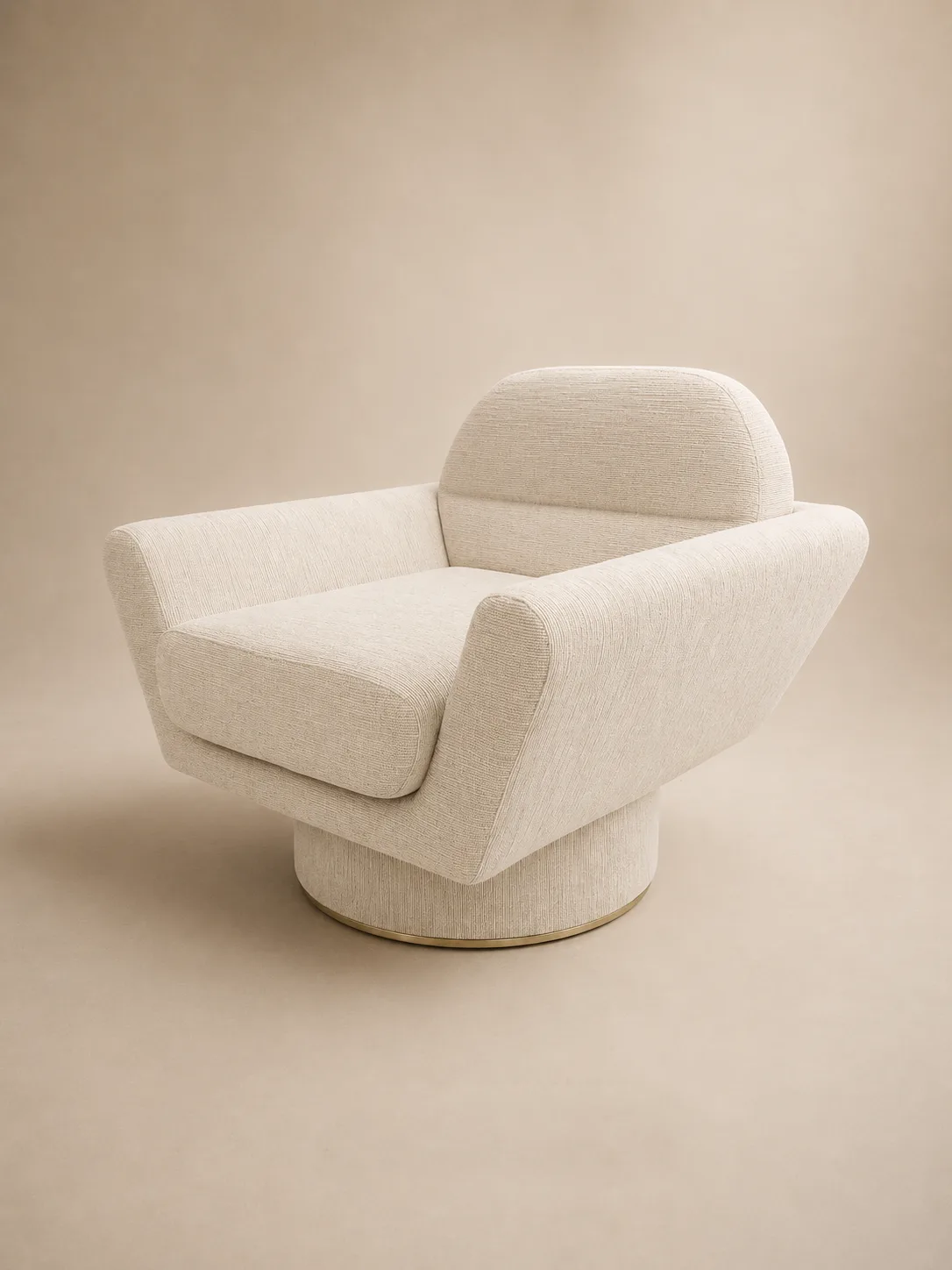 The Aveline swivel armchair — a squared ivory bouclé seat with arched back on a brushed-brass pedestal.