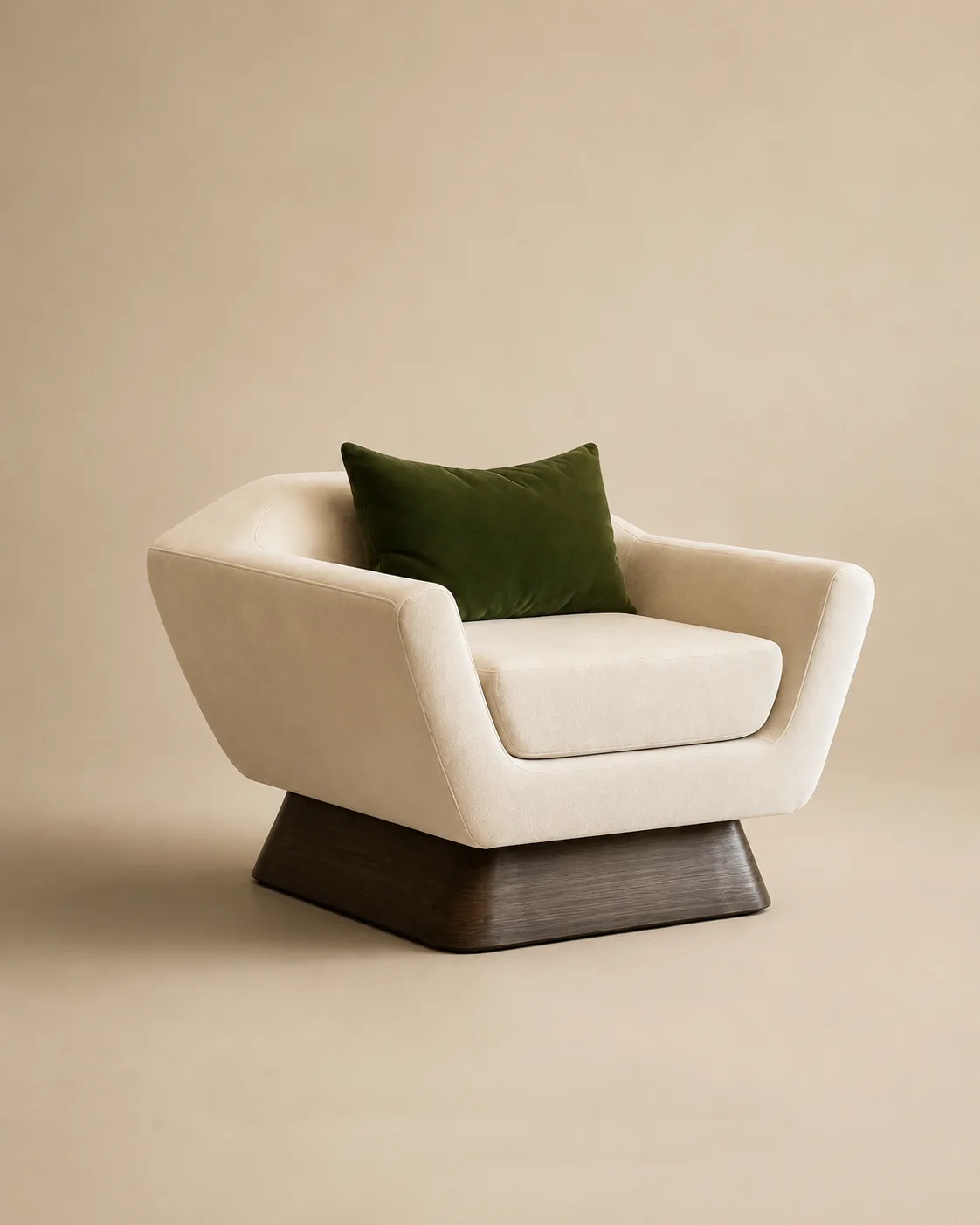 The Verdier armchair — angular natural linen seat on a floating walnut plinth with a moss-green velvet cushion.